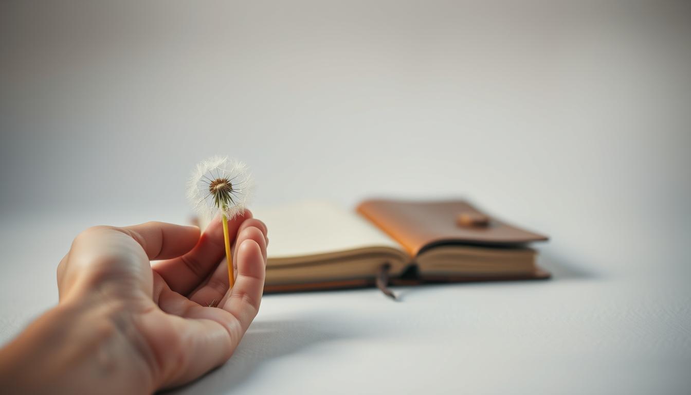 A peaceful, minimalist composition showcasing the contrast between the ephemeral nature of resolutions and the gradual solidification of habits. In the foreground, a hand gently holds a dandelion seed head, representing the fragility of good intentions. The middle ground features a tangible, well-worn leather-bound journal, symbolizing the disciplined recording of daily routines. The background blurs into a serene, neutral backdrop, emphasizing the simplicity of the dichotomy. Soft, even lighting casts a warm, contemplative glow, inviting the viewer to ponder the nuances of behavior change. Captured with a Sony A7R IV at 70mm, the image is sharp, clear, and enhanced by a polarized filter.