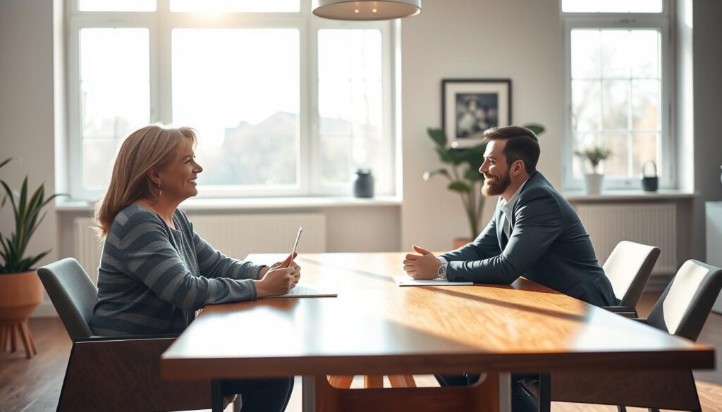 A bright, airy office setting with natural light streaming through large windows. Two people, a job candidate and a hiring manager, sit at a polished wooden table, engaged in a friendly, open conversation. The candidate's body language is relaxed, with a warm, attentive expression, while the hiring manager leans in, listening intently. The space is tastefully decorated with minimalist furniture and subtle artwork, creating a professional yet inviting atmosphere. The scene is captured with a Sony A7R IV DSLR, 70mm lens, and a polarized filter, resulting in a sharply defined, visually striking image that conveys the collaborative, getting-to-know-you nature of an "Aufbau Kennenlerngespräch".