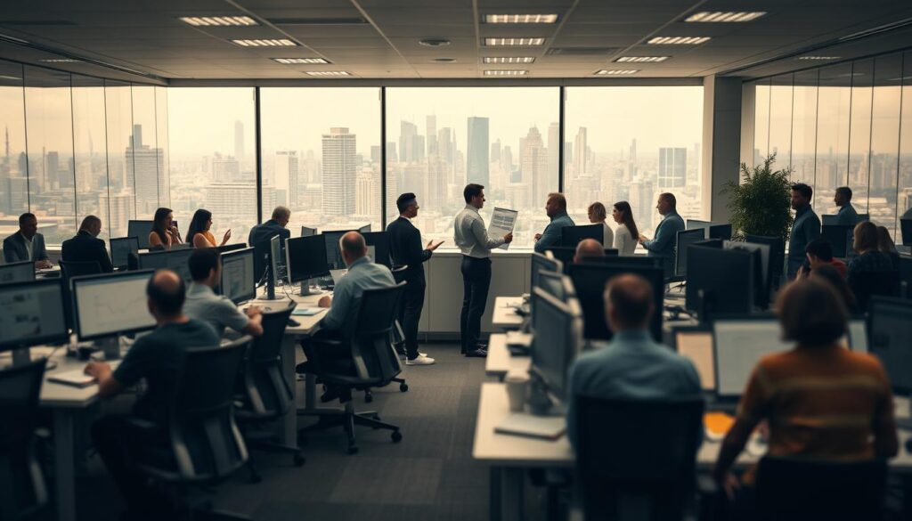 A bustling corporate office, with a complex organizational hierarchy and intricate compensation processes visible. Sleek desks, ergonomic chairs, and state-of-the-art technology equipment populate the foreground, conveying a sense of professionalism and efficiency. In the middle ground, employees engaged in animated discussions, gesturing towards detailed spreadsheets and presentations, highlighting the intricacies of salary structures and review procedures. The background features a panoramic view of the city skyline, symbolizing the larger economic landscape that influences these internal corporate dynamics. Soft, warm lighting emanates from overhead fixtures, creating a contemplative atmosphere. Captured through the lens of a Sony A7R IV with a 70mm focal length, the image is sharply defined and polarized, emphasizing the depth and complexity of "Unternehmensstrukturen und Gehaltsprozesse". A bustling corporate office, with a complex organizational hierarchy and intricate compensation processes visible. Sleek desks, ergonomic chairs, and state-of-the-art technology equipment populate the foreground, conveying a sense of professionalism and efficiency. In the middle ground, employees engaged in animated discussions, gesturing towards detailed spreadsheets and presentations, highlighting the intricacies of salary structures and review procedures. The background features a panoramic view of the city skyline, symbolizing the larger economic landscape that influences these internal corporate dynamics. Soft, warm lighting emanates from overhead fixtures, creating a contemplative atmosphere. Captured through the lens of a Sony A7R IV with a 70mm focal length, the image is sharply defined and polarized, emphasizing the depth and complexity of "Unternehmensstrukturen und Gehaltsprozesse".