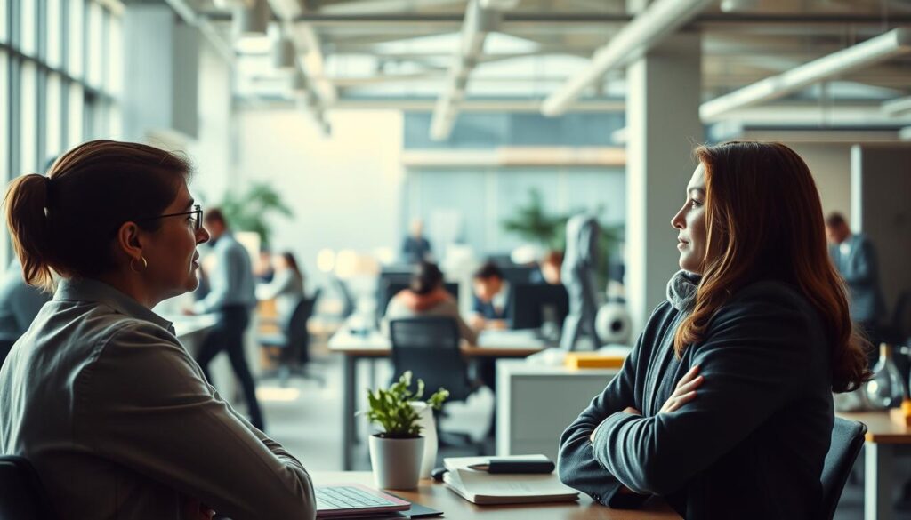 A busy office scene, with two colleagues engaged in a thoughtful discussion, their body language indicating a search for compromise. Soft, directional lighting casts subtle shadows, creating a contemplative atmosphere. In the middle ground, coworkers collaborate at their desks, while the background features a balanced blend of modern office furnishings and architectural elements. The overall composition conveys a sense of dynamic tension, reflecting the nuanced process of finding common ground in the daily work environment. Shot on Sony A7R IV 70mm, clearly focused, sharply defined, polarized filter.