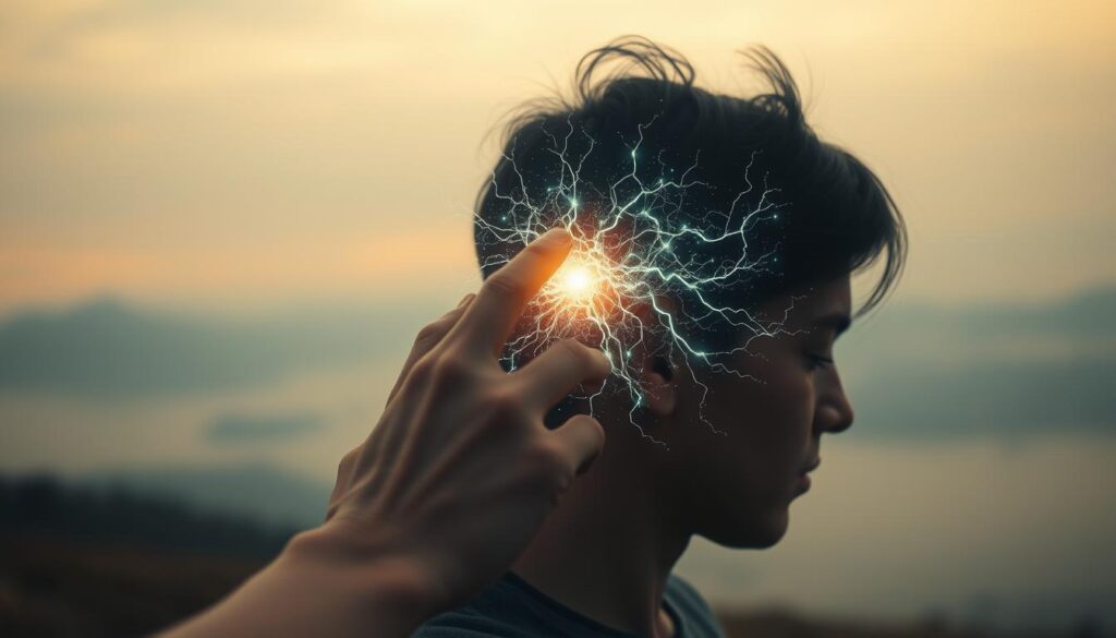 A calm, contemplative scene depicting the mechanics of intuition. In the foreground, a hand gently touches the side of a person's head, representing the intuitive process unfolding within the mind. The middle ground shows a translucent, pulsing energy field, visualizing the neural pathways and subconscious connections that drive intuitive insights. In the background, a serene, diffused landscape with muted colors and soft lighting, conveying the tranquil, introspective nature of intuitive thought. Shot on Sony A7R IV 70mm, clearly focused, sharply defined, with a polarized filter to enhance depth and clarity. A calm, contemplative scene depicting the mechanics of intuition. In the foreground, a hand gently touches the side of a person's head, representing the intuitive process unfolding within the mind. The middle ground shows a translucent, pulsing energy field, visualizing the neural pathways and subconscious connections that drive intuitive insights. In the background, a serene, diffused landscape with muted colors and soft lighting, conveying the tranquil, introspective nature of intuitive thought. Shot on Sony A7R IV 70mm, clearly focused, sharply defined, with a polarized filter to enhance depth and clarity.