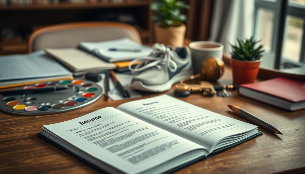 A captivating scene of "Hobbys im Lebenslauf" - a neatly organized desk showcasing a diverse array of personal interests and talents. In the foreground, an open notebook displays meticulously crafted resume pages, complemented by an array of carefully selected items representing the applicant's hobbies and passions. In the middle ground, a carefully curated selection of items such as a paint palette, a pair of running shoes, a musical instrument, and a potted plant create a visually engaging composition. The background features a tastefully decorated office setting, conveying a sense of professionalism and attention to detail. The overall mood is one of purposeful organization, highlighting how thoughtfully chosen hobbies can enhance a candidate's appeal to potential employers. A captivating scene of "Hobbys im Lebenslauf" - a neatly organized desk showcasing a diverse array of personal interests and talents. In the foreground, an open notebook displays meticulously crafted resume pages, complemented by an array of carefully selected items representing the applicant's hobbies and passions. In the middle ground, a carefully curated selection of items such as a paint palette, a pair of running shoes, a musical instrument, and a potted plant create a visually engaging composition. The background features a tastefully decorated office setting, conveying a sense of professionalism and attention to detail. The overall mood is one of purposeful organization, highlighting how thoughtfully chosen hobbies can enhance a candidate's appeal to potential employers.