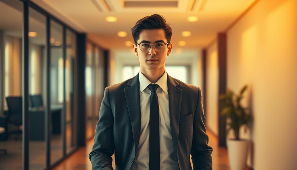 A confident young professional in a well-tailored suit strides purposefully into a modern office, their demeanor radiating competence and composure. The space is bathed in warm, directional lighting, creating dramatic shadows that accentuate the subject's features. The camera, positioned at a slightly low angle, captures the individual's determined expression, suggesting a sense of purpose and self-assurance. The background is softly blurred, emphasizing the focal point - the first impression this individual is making as they navigate a new professional setting. A confident young professional in a well-tailored suit strides purposefully into a modern office, their demeanor radiating competence and composure. The space is bathed in warm, directional lighting, creating dramatic shadows that accentuate the subject's features. The camera, positioned at a slightly low angle, captures the individual's determined expression, suggesting a sense of purpose and self-assurance. The background is softly blurred, emphasizing the focal point - the first impression this individual is making as they navigate a new professional setting.