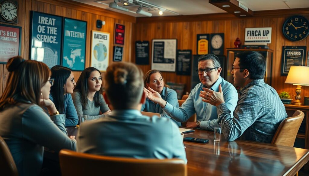 A cozy office setting, with a group of employees gathered around a table, engaged in an in-depth discussion. Warm lighting casts a soft glow, reflecting off the polished wood surfaces. The room is adorned with motivational posters and team-building memorabilia, creating an atmosphere of collaboration and camaraderie. In the foreground, a senior manager is gesturing animatedly, explaining the importance of a thorough onboarding process and employee retention strategies. The faces of the team members are attentive, eager to learn and contribute. The scene conveys a sense of professionalism, enthusiasm, and a shared commitment to the company's success. shot on sony A7R IV 70mm, clearly focused, sharply defined, polarized filter. A cozy office setting, with a group of employees gathered around a table, engaged in an in-depth discussion. Warm lighting casts a soft glow, reflecting off the polished wood surfaces. The room is adorned with motivational posters and team-building memorabilia, creating an atmosphere of collaboration and camaraderie. In the foreground, a senior manager is gesturing animatedly, explaining the importance of a thorough onboarding process and employee retention strategies. The faces of the team members are attentive, eager to learn and contribute. The scene conveys a sense of professionalism, enthusiasm, and a shared commitment to the company's success. shot on sony A7R IV 70mm, clearly focused, sharply defined, polarized filter.