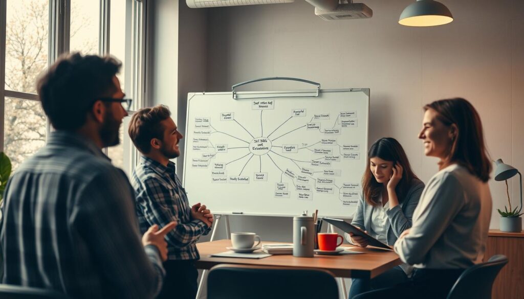 A cozy office space with a team of professionals collaborating on a project. In the foreground, a group of colleagues engaged in a lively discussion, their body language and facial expressions conveying a sense of camaraderie and open communication. In the middle ground, a whiteboard displays a mind map of "Soft Skills und soziale Kompetenzen", highlighting the importance of these skills in effective teamwork. The background features a large window, allowing natural light to flood the room, creating a warm and inviting atmosphere. Shot on a Sony A7R IV with a 70mm lens, the image is sharply defined and polarized, emphasizing the professional and thoughtful nature of the scene.