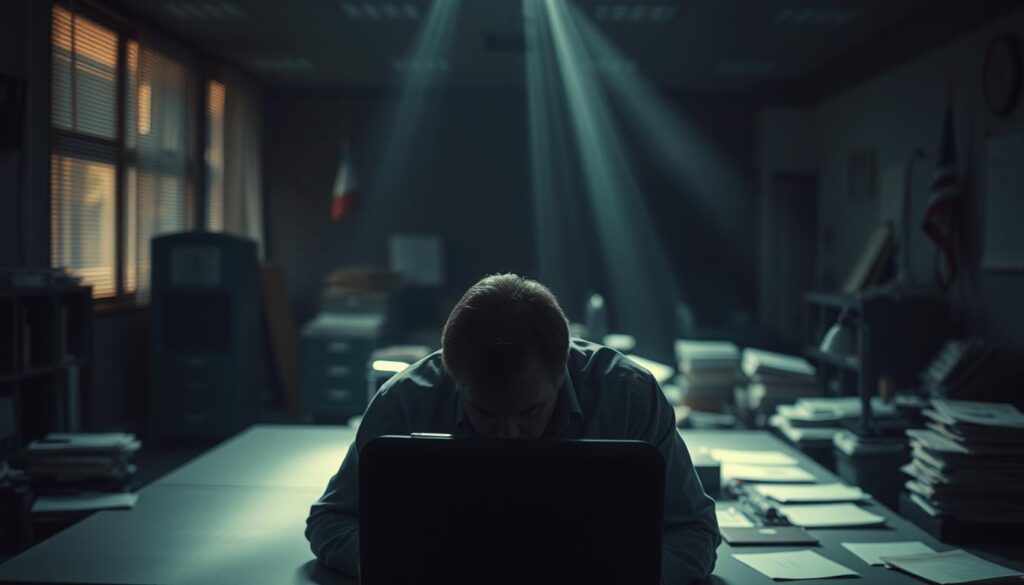 A dimly lit office space, the air heavy with a sense of dejection. In the foreground, a lone worker sits hunched over a desk, their expression weary and disengaged. The middle ground reveals a cluttered workspace, files and papers strewn about, a symbol of the overwhelming tasks at hand. The background is softly blurred, conveying a feeling of isolation and disconnect from the outside world. Beams of light filter through the blinds, casting a muted glow over the scene, reflecting the subdued mood. The image captures the essence of workplace burnout, a tangible manifestation of the "Herausforderung am Arbeitsplatz" - the challenge of maintaining motivation and enthusiasm in the face of a daunting workload. A dimly lit office space, the air heavy with a sense of dejection. In the foreground, a lone worker sits hunched over a desk, their expression weary and disengaged. The middle ground reveals a cluttered workspace, files and papers strewn about, a symbol of the overwhelming tasks at hand. The background is softly blurred, conveying a feeling of isolation and disconnect from the outside world. Beams of light filter through the blinds, casting a muted glow over the scene, reflecting the subdued mood. The image captures the essence of workplace burnout, a tangible manifestation of the "Herausforderung am Arbeitsplatz" - the challenge of maintaining motivation and enthusiasm in the face of a daunting workload.