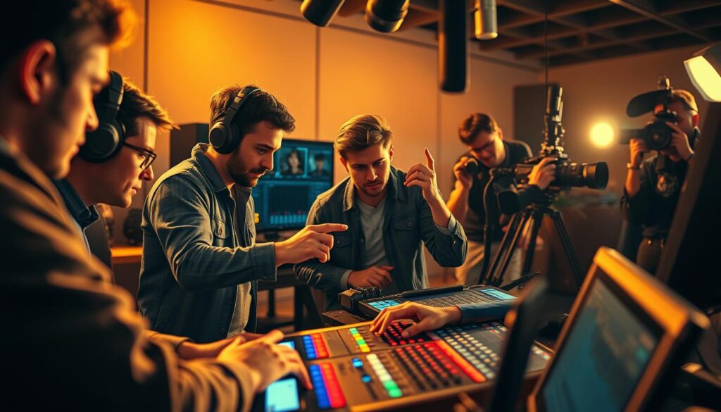 A dynamic group of creative professionals engages in a vibrant media production scene. In the foreground, a video editor meticulously assembles footage, their hands deftly manipulating the digital timeline. Beside them, a graphic designer skillfully crafts captivating visuals, the glow of their display illuminating their focused expression. In the middle ground, a sound engineer fine-tunes an audio mix, their brow furrowed in concentration. In the background, a filmmaker directs a photoshoot, their camera capturing the energy of the moment. Soft, directional lighting casts warm, cinematic shadows, while a polarized filter enhances the depth and clarity of the scene. This vivid, sharply defined image showcases the diverse, collaborative nature of creative careers in the media industry. A dynamic group of creative professionals engages in a vibrant media production scene. In the foreground, a video editor meticulously assembles footage, their hands deftly manipulating the digital timeline. Beside them, a graphic designer skillfully crafts captivating visuals, the glow of their display illuminating their focused expression. In the middle ground, a sound engineer fine-tunes an audio mix, their brow furrowed in concentration. In the background, a filmmaker directs a photoshoot, their camera capturing the energy of the moment. Soft, directional lighting casts warm, cinematic shadows, while a polarized filter enhances the depth and clarity of the scene. This vivid, sharply defined image showcases the diverse, collaborative nature of creative careers in the media industry.