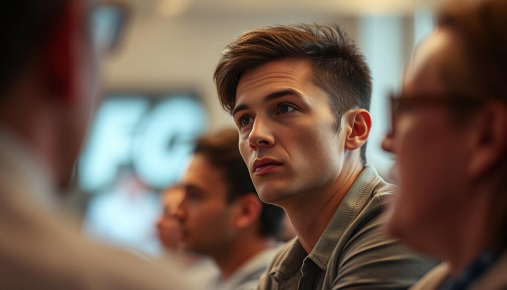 A focused individual leaning forward, intently listening to a speaker. The scene is captured in a warm, natural lighting, accentuating the attentive expression on the listener's face. The background is blurred, drawing the viewer's attention to the act of active listening, conveyed through the subject's posture, eye contact, and engaged body language. Captured with a Sony A7R IV camera, 70mm lens, and a polarized filter, the image is sharply defined, with a clear depth of field that isolates the central figure. A focused individual leaning forward, intently listening to a speaker. The scene is captured in a warm, natural lighting, accentuating the attentive expression on the listener's face. The background is blurred, drawing the viewer's attention to the act of active listening, conveyed through the subject's posture, eye contact, and engaged body language. Captured with a Sony A7R IV camera, 70mm lens, and a polarized filter, the image is sharply defined, with a clear depth of field that isolates the central figure.