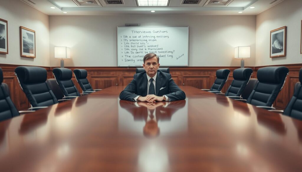 A formal business meeting room with a wooden conference table and ergonomic chairs. The walls are decorated with subtle artwork and the lighting is soft and professional. A well-dressed executive sits at the head of the table, facing the camera, with a neutral expression. Behind them, a whiteboard displays a list of potential interview questions. The overall atmosphere is one of quiet contemplation and careful consideration. A formal business meeting room with a wooden conference table and ergonomic chairs. The walls are decorated with subtle artwork and the lighting is soft and professional. A well-dressed executive sits at the head of the table, facing the camera, with a neutral expression. Behind them, a whiteboard displays a list of potential interview questions. The overall atmosphere is one of quiet contemplation and careful consideration.
