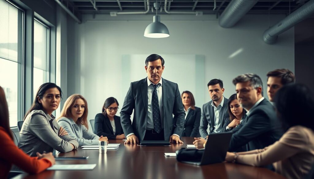 A group of coworkers gathered around a conference table, each with a distinct presence and body language. In the center, a dominant figure stands tall, commanding the attention of the team. Intense gazes, tense postures, and a palpable energy fill the room. The scene is captured with a Sony A7R IV 70mm lens, utilizing a polarized filter to enhance the contrast and clarity. The lighting is sharp and focused, highlighting the power dynamics at play. This image conveys the influential role of dominance within a professional team setting. A group of coworkers gathered around a conference table, each with a distinct presence and body language. In the center, a dominant figure stands tall, commanding the attention of the team. Intense gazes, tense postures, and a palpable energy fill the room. The scene is captured with a Sony A7R IV 70mm lens, utilizing a polarized filter to enhance the contrast and clarity. The lighting is sharp and focused, highlighting the power dynamics at play. This image conveys the influential role of dominance within a professional team setting.