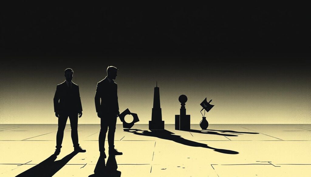A high-contrast digital illustration depicting the distinctions between irony, sarcasm, and cynicism. In the foreground, three figures representing these concepts stand in a tense, almost confrontational pose, their body language and expressions conveying subtle differences. The middle ground features abstract shapes and symbols hinting at the nuances between the three terms. The background is a stark, minimalist environment with a dramatic, moody lighting that casts long shadows, emphasizing the weighty nature of the subject matter. The overall mood is one of intellectual contemplation, inviting the viewer to ponder the subtle yet important distinctions between these related yet distinct rhetorical devices. A high-contrast digital illustration depicting the distinctions between irony, sarcasm, and cynicism. In the foreground, three figures representing these concepts stand in a tense, almost confrontational pose, their body language and expressions conveying subtle differences. The middle ground features abstract shapes and symbols hinting at the nuances between the three terms. The background is a stark, minimalist environment with a dramatic, moody lighting that casts long shadows, emphasizing the weighty nature of the subject matter. The overall mood is one of intellectual contemplation, inviting the viewer to ponder the subtle yet important distinctions between these related yet distinct rhetorical devices.