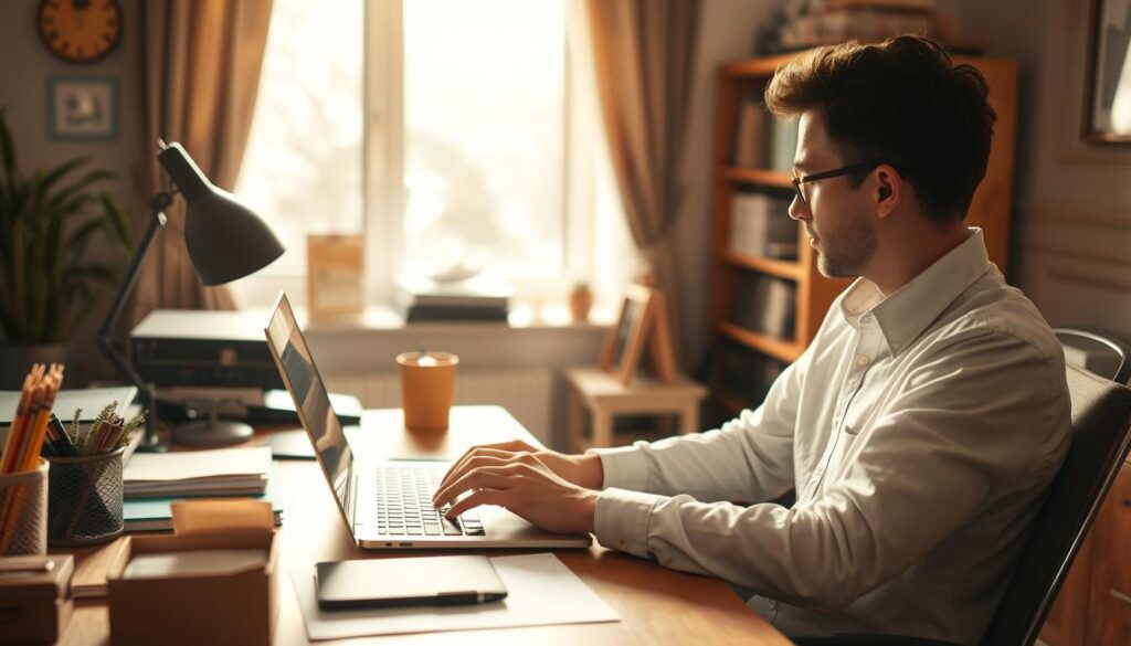 A home office environment with a person sitting at a desk, engrossed in their laptop screen, surrounded by neatly organized stationery and office supplies. Warm, natural lighting streams in through a nearby window, casting a soft, diffused glow on the scene. The atmosphere is one of focused concentration, with a sense of purpose and productivity. The image captures the essence of an employee clarifying important questions in the comfort of their remote workspace, preparing for a new job role. A home office environment with a person sitting at a desk, engrossed in their laptop screen, surrounded by neatly organized stationery and office supplies. Warm, natural lighting streams in through a nearby window, casting a soft, diffused glow on the scene. The atmosphere is one of focused concentration, with a sense of purpose and productivity. The image captures the essence of an employee clarifying important questions in the comfort of their remote workspace, preparing for a new job role.