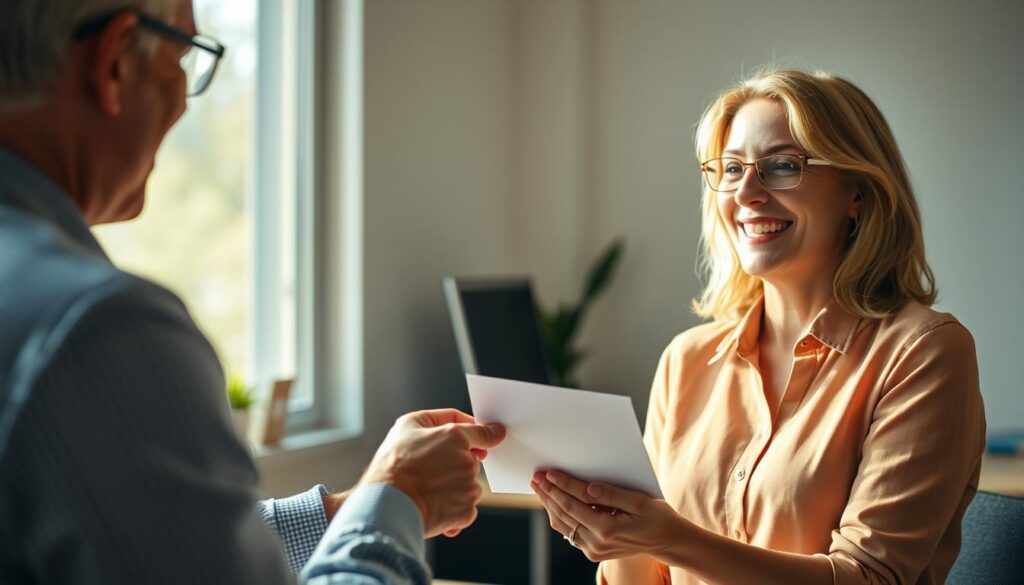 A mid-career office worker smiling warmly while receiving a hand-written thank you note from their manager. The scene is bathed in soft, natural lighting from a large window, creating a cozy, intimate atmosphere. The manager's expression conveys genuine appreciation and respect, fostering a sense of meaningful connection and validation. The worker's body language is open and engaged, suggesting a healthy, supportive work relationship. The details are sharply defined, with a shallow depth of field that focuses attention on the meaningful exchange. Shot on a Sony A7R IV with a 70mm lens and a polarized filter, emphasizing the sincere, professional tone. A mid-career office worker smiling warmly while receiving a hand-written thank you note from their manager. The scene is bathed in soft, natural lighting from a large window, creating a cozy, intimate atmosphere. The manager's expression conveys genuine appreciation and respect, fostering a sense of meaningful connection and validation. The worker's body language is open and engaged, suggesting a healthy, supportive work relationship. The details are sharply defined, with a shallow depth of field that focuses attention on the meaningful exchange. Shot on a Sony A7R IV with a 70mm lens and a polarized filter, emphasizing the sincere, professional tone.