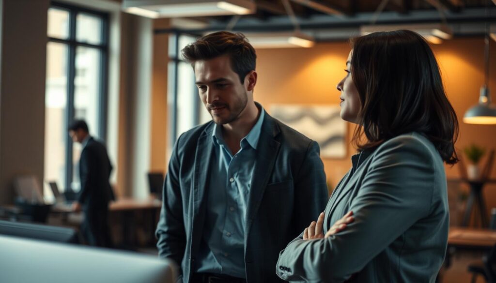 A modern, professional-looking office space with two people engaged in a focused conversation. The scene is well-lit with soft, directional lighting accentuating the subjects' faces and body language. The background is slightly blurred, drawing attention to the two individuals in the foreground. They are leaning in towards each other, maintaining eye contact, conveying a sense of genuine interest and open communication. The overall atmosphere is one of thoughtful discussion and mutual understanding. shot on sony A7R IV 70mm, clearly focused, sharply defined, polarized filter.