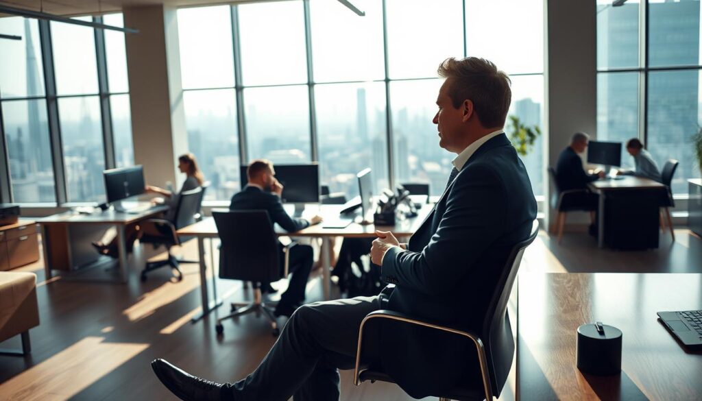 A modern, professional office setting with a well-lit, airy atmosphere. In the foreground, a businessman sitting at a desk, engaged in thoughtful discussion with a colleague. The middle ground features other employees collaborating at their workstations, conveying a sense of teamwork and open communication. The background showcases a panoramic view of a bustling city skyline through large windows, suggesting the broader context of the corporate world. Soft, directional lighting creates depth and highlights the textures of the wood, glass, and metal furnishings. Captured with a Sony A7R IV at 70mm, a polarized filter enhances the clarity and vibrancy of the scene.