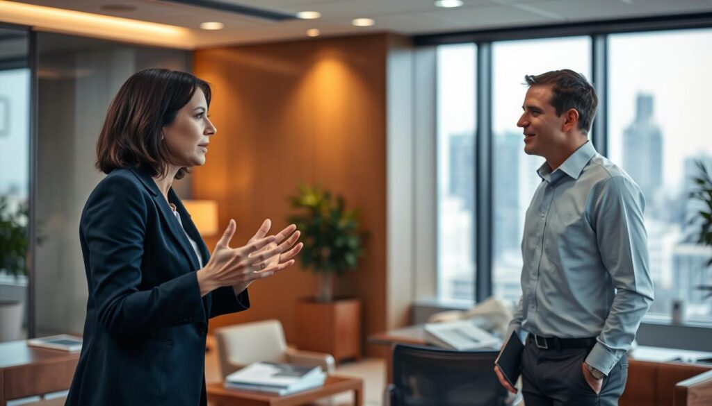 A modern, well-lit office space with two professional business people engaged in a lively discussion. In the foreground, a mid-career woman in a navy blue suit leans forward, gesturing expressively as she speaks. Her counterpart, a male colleague in a crisp white shirt, listens intently, his eyes focused on her face. The background features sleek, minimalist decor - polished wood furniture, a large window overlooking the city skyline, and a subtle, warm-toned lighting scheme that enhances the sense of dynamic collaboration. Captured with a Sony A7R IV 70mm lens, the scene conveys the importance of effective communication in the workplace through the body language and engaged expressions of the subjects. A modern, well-lit office space with two professional business people engaged in a lively discussion. In the foreground, a mid-career woman in a navy blue suit leans forward, gesturing expressively as she speaks. Her counterpart, a male colleague in a crisp white shirt, listens intently, his eyes focused on her face. The background features sleek, minimalist decor - polished wood furniture, a large window overlooking the city skyline, and a subtle, warm-toned lighting scheme that enhances the sense of dynamic collaboration. Captured with a Sony A7R IV 70mm lens, the scene conveys the importance of effective communication in the workplace through the body language and engaged expressions of the subjects.