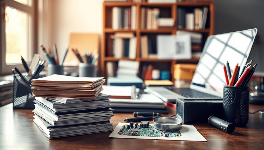 A neatly organized desktop showcasing an array of office supplies, including a laptop, pen holder, and various tools. The workspace is illuminated by natural light, casting a warm, productive atmosphere. In the foreground, a stack of books and certificates conveys the subject's educational background and expertise. In the middle ground, a magnifying glass and a circuit board symbolize the technical skills and problem-solving abilities of the individual. The background features a bookshelf, hinting at the breadth of knowledge and continuous learning. The overall composition emphasizes the importance of hard skills, such as technical proficiency and specialized knowledge, in creating a successful and well-rounded professional profile.