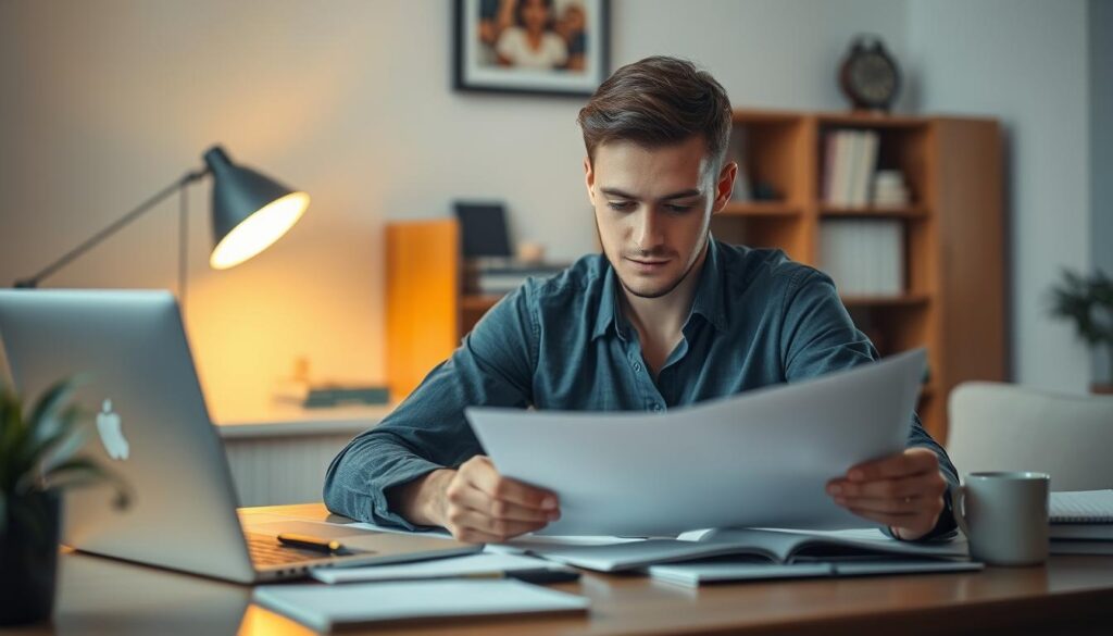 A person sitting at a desk, intently studying documents and notes, preparing for their new job. Soft, warm lighting illuminates the workspace, creating a focused, determined atmosphere. The desk is neatly organized, with a laptop, pen, and a mug of coffee or tea nearby. In the background, a bookshelf or wall decor adds a touch of professionalism. The subject's expression conveys a sense of anticipation and readiness for the challenges ahead. Shot on a Sony A7R IV with a 70mm lens, with a polarized filter to enhance the details and contrast. Clearly focused, sharply defined, capturing the essence of "Vorbereitung auf den neuen Job". A person sitting at a desk, intently studying documents and notes, preparing for their new job. Soft, warm lighting illuminates the workspace, creating a focused, determined atmosphere. The desk is neatly organized, with a laptop, pen, and a mug of coffee or tea nearby. In the background, a bookshelf or wall decor adds a touch of professionalism. The subject's expression conveys a sense of anticipation and readiness for the challenges ahead. Shot on a Sony A7R IV with a 70mm lens, with a polarized filter to enhance the details and contrast. Clearly focused, sharply defined, capturing the essence of "Vorbereitung auf den neuen Job".