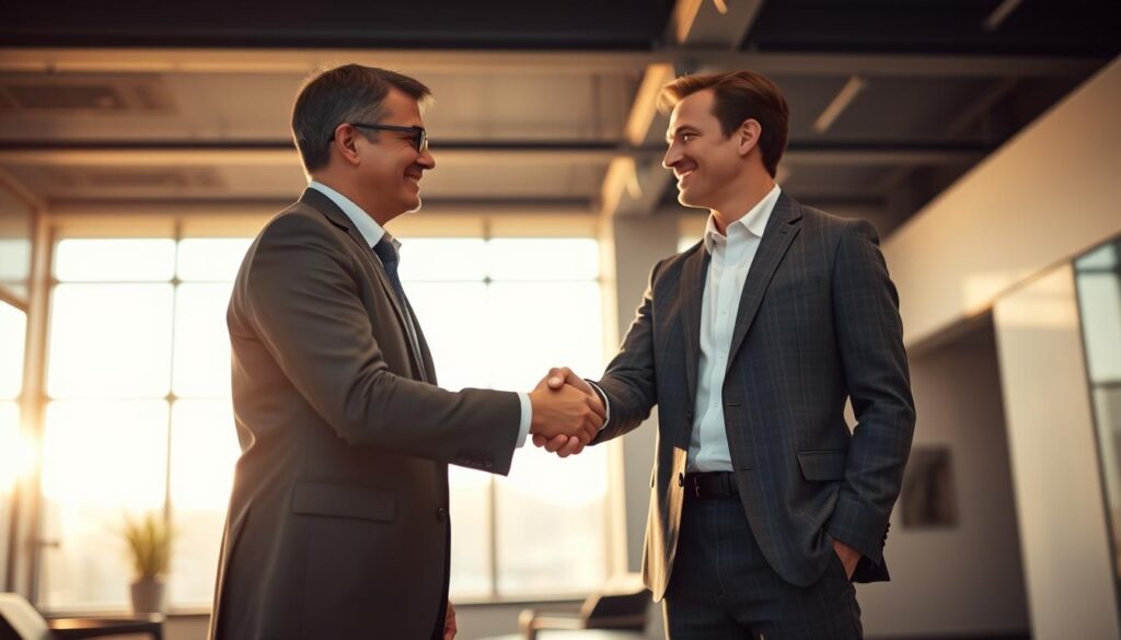 A professional business executive shaking hands with a job candidate in a polished, modern office setting. Warm lighting from floor-to-ceiling windows casts a soft glow, with a minimalist, monochromatic decor in the background. The handshake is the central focus, conveying a sense of mutual understanding and the start of a new professional relationship. The angle is slightly elevated, emphasizing the respectful, cordial nature of the "Kennenlerngespräch" or introductory meeting. Crisp details, clean lines, and a serene, contemplative mood capture the essence of this important career milestone.