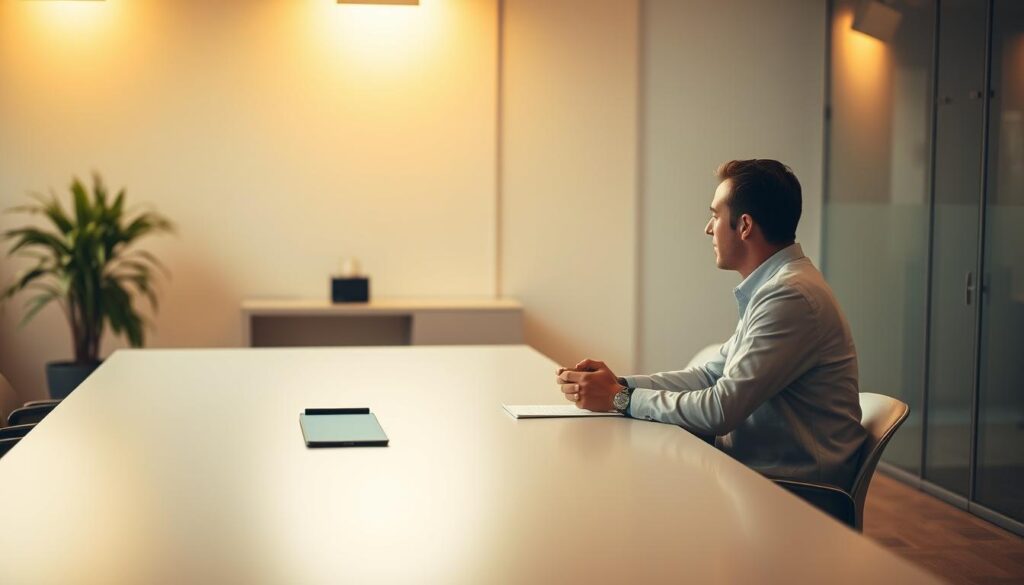 A professional business meeting taking place in a modern, well-lit office. Two colleagues sitting across a sleek conference table, engaged in a serious yet constructive discussion. Warm lighting casts a subtle glow, creating an atmosphere of focus and collaboration. The room features minimalist decor, with clean lines and muted tones that amplify the sense of purpose. The participants' body language and facial expressions convey the importance of the internal job interview, reflecting its significance within the organization. Shot on a Sony A7R IV with a 70mm lens, utilizing a polarized filter to enhance depth and clarity. A professional business meeting taking place in a modern, well-lit office. Two colleagues sitting across a sleek conference table, engaged in a serious yet constructive discussion. Warm lighting casts a subtle glow, creating an atmosphere of focus and collaboration. The room features minimalist decor, with clean lines and muted tones that amplify the sense of purpose. The participants' body language and facial expressions convey the importance of the internal job interview, reflecting its significance within the organization. Shot on a Sony A7R IV with a 70mm lens, utilizing a polarized filter to enhance depth and clarity.