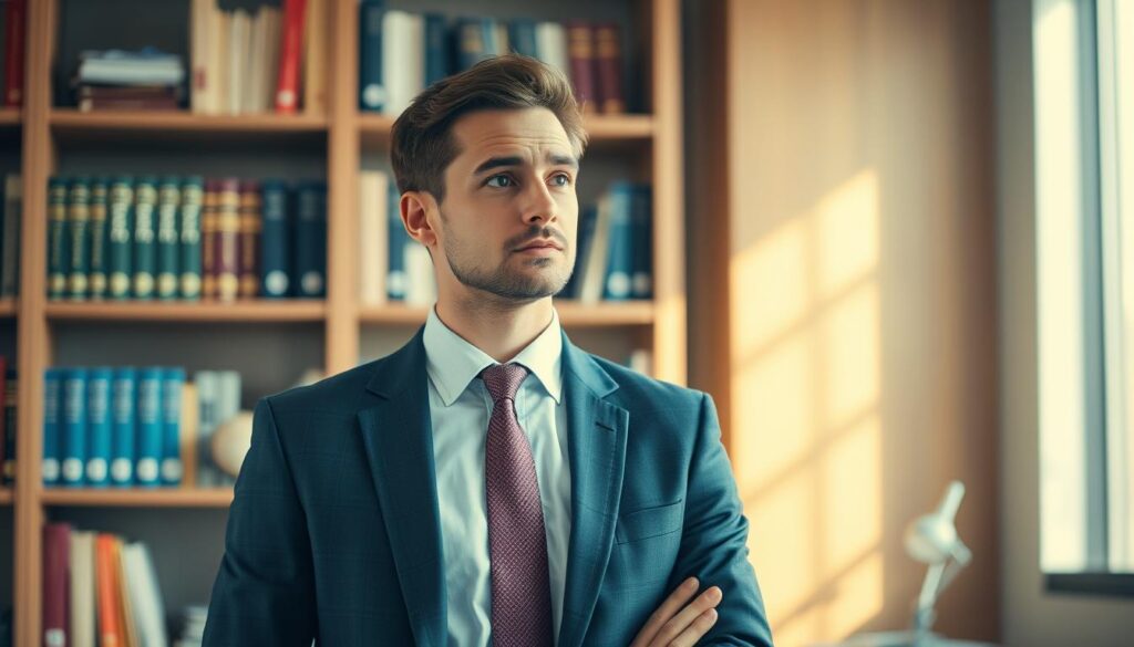 A professional business person in a thoughtful pose, standing in a modern office setting. The person is wearing a well-tailored suit and tie, conveying a sense of competence and expertise. The background features a bookshelf filled with references and resources, subtly highlighting the importance of knowledge and skills. Bright, natural lighting illuminates the scene, creating a sense of clarity and focus. The overall composition evokes a sense of the value and significance of one's qualifications and achievements in the context of a successful career.