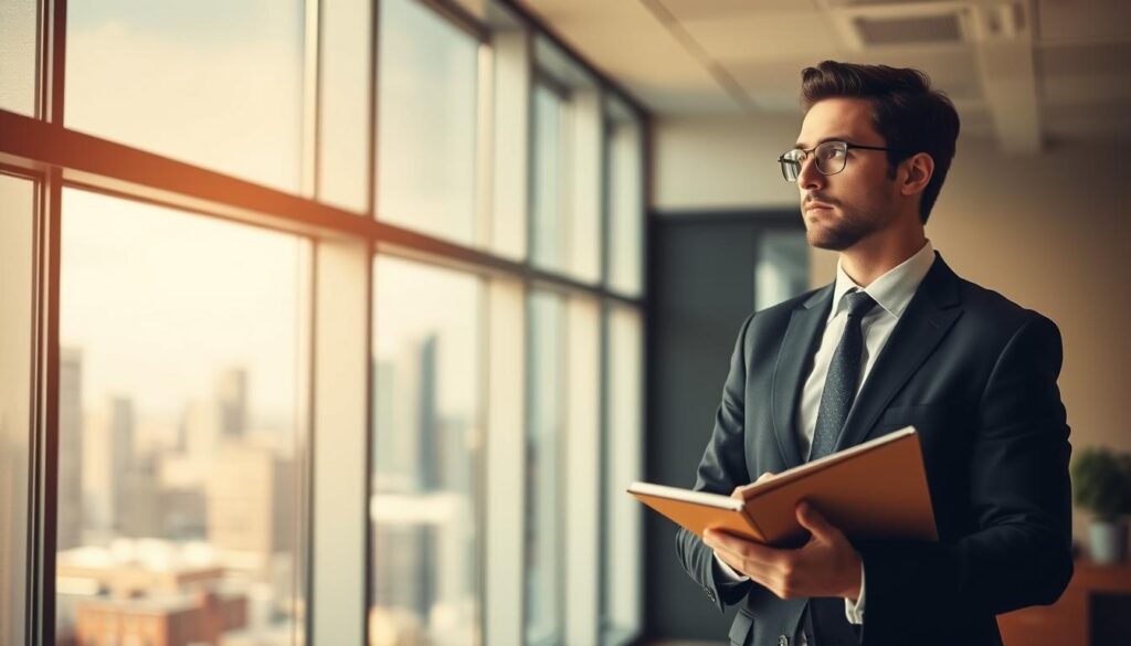 A professional business person standing in a well-lit office, contemplating their various hobbies and how they could potentially contribute to their career. The subject is wearing a formal suit, holding a sketchpad or notepad, deep in thought. In the background, a large window overlooking a bustling city skyline, suggesting the connection between personal interests and professional development. Warm, soft lighting illuminates the scene, creating a thoughtful and introspective atmosphere. The image should convey the idea of finding the "berufliche Relevanz" or professional relevance in one's hobbies. A professional business person standing in a well-lit office, contemplating their various hobbies and how they could potentially contribute to their career. The subject is wearing a formal suit, holding a sketchpad or notepad, deep in thought. In the background, a large window overlooking a bustling city skyline, suggesting the connection between personal interests and professional development. Warm, soft lighting illuminates the scene, creating a thoughtful and introspective atmosphere. The image should convey the idea of finding the "berufliche Relevanz" or professional relevance in one's hobbies.