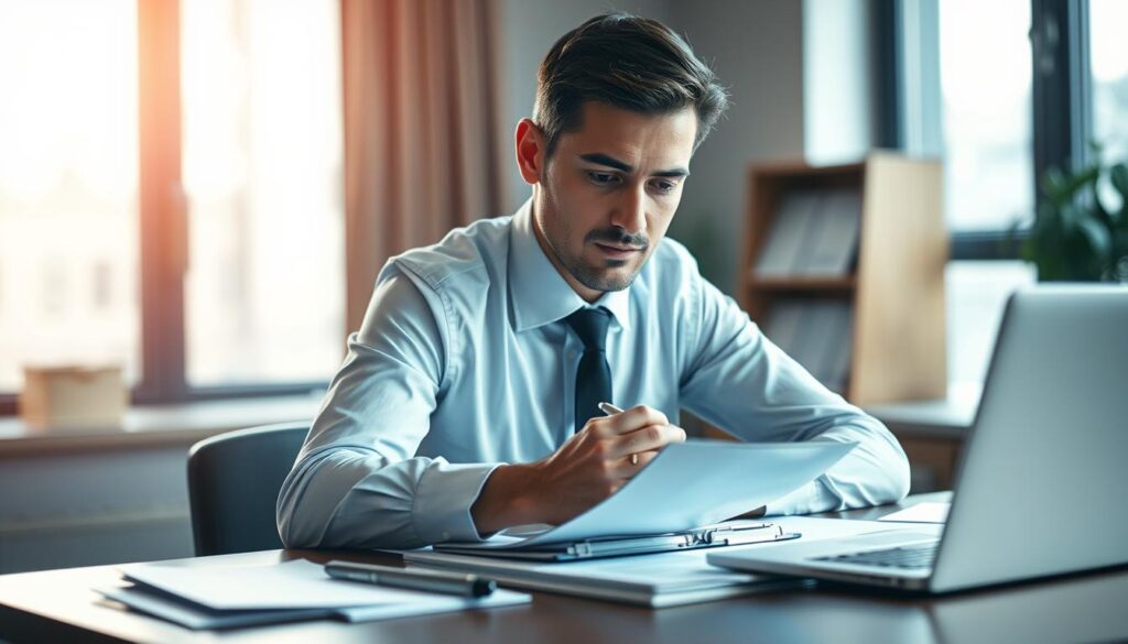 A professional businessperson sits at a desk, preparing for an important salary negotiation meeting. The scene is lit by a warm, indirect lighting from a large window, casting a soft, focused glow on the subject. The person's face is in deep concentration, hands clasped around a pen and notebook, surrounded by neatly organized documents and a laptop. The background is blurred, emphasizing the subject's intense focus. The overall mood is one of thoughtful determination, as the individual meticulously plans their strategy for the upcoming salary discussion. A professional businessperson sits at a desk, preparing for an important salary negotiation meeting. The scene is lit by a warm, indirect lighting from a large window, casting a soft, focused glow on the subject. The person's face is in deep concentration, hands clasped around a pen and notebook, surrounded by neatly organized documents and a laptop. The background is blurred, emphasizing the subject's intense focus. The overall mood is one of thoughtful determination, as the individual meticulously plans their strategy for the upcoming salary discussion.
