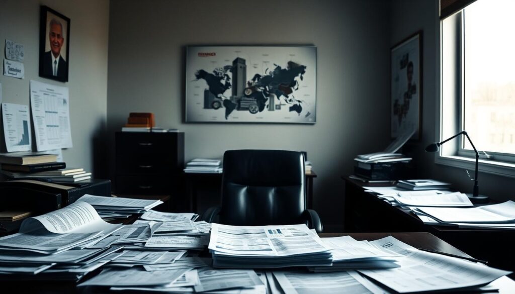 A professional office interior, filled with a sense of economic uncertainty. The desk is cluttered with financial reports and spreadsheets, casting a somber mood. Soft, indirect lighting from a single window illuminates the scene, creating long shadows and a contemplative atmosphere. The wall behind the desk is adorned with corporate artwork, hinting at the company's brand and aspirations, but appearing incongruous with the overall gloomy tone. The chair is empty, suggesting the thoughtful pause of a business leader evaluating the organization's financial health. Shot on Sony A7R IV 70mm, clearly focused, sharply defined, polarized filter. A professional office interior, filled with a sense of economic uncertainty. The desk is cluttered with financial reports and spreadsheets, casting a somber mood. Soft, indirect lighting from a single window illuminates the scene, creating long shadows and a contemplative atmosphere. The wall behind the desk is adorned with corporate artwork, hinting at the company's brand and aspirations, but appearing incongruous with the overall gloomy tone. The chair is empty, suggesting the thoughtful pause of a business leader evaluating the organization's financial health. Shot on Sony A7R IV 70mm, clearly focused, sharply defined, polarized filter.
