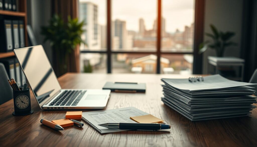 A professional office interior with a wooden desk, laptop, and a stack of paper documents. The background features a large window with a cityscape outside, providing a sense of context and natural lighting. The subject, "Kenntnisse und Fähigkeiten in der Bewerbung," is represented by various office supplies and accessories, such as a pen, highlighter, and sticky notes, arranged in a visually appealing manner. The mood is one of focus and organization, conveying the importance of presenting one's skills and qualifications effectively in a job application. Shot on a Sony A7R IV with a 70mm lens, using a polarized filter for enhanced contrast and clarity.