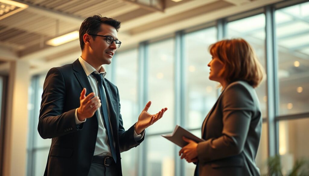 A professional person in a formal business setting, standing confidently and gesturing while communicating their achievements and value to a colleague. Warm overhead lighting from large windows casts a soft glow, creating a sense of openness and transparency. The scene is captured with a Sony A7R IV camera using a 70mm lens, a polarized filter adding depth and clarity. The composition emphasizes the subject's poise and body language, conveying their ability to effectively communicate their Leistung, or performance and competence. A professional person in a formal business setting, standing confidently and gesturing while communicating their achievements and value to a colleague. Warm overhead lighting from large windows casts a soft glow, creating a sense of openness and transparency. The scene is captured with a Sony A7R IV camera using a 70mm lens, a polarized filter adding depth and clarity. The composition emphasizes the subject's poise and body language, conveying their ability to effectively communicate their Leistung, or performance and competence.
