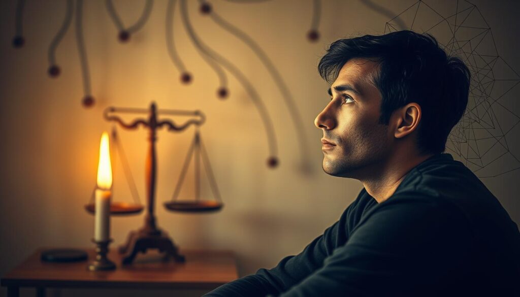 A serene and contemplative scene, capturing the interplay of inner influences and external factors on motivation. In the foreground, a person sits in deep thought, their face reflecting a pensive expression. Surrounding them, symbolic elements representing inner drives and outer pressures - a flickering flame, a set of scales, and a tangled web of decision paths. The composition is balanced, with the subject in focus and the background elements providing a sense of depth and complexity. Warm, diffused lighting casts a softening glow, creating an atmosphere of introspection and self-examination. Captured with a Sony A7R IV, 70mm lens, and polarized filter for enhanced clarity and depth of field. A serene and contemplative scene, capturing the interplay of inner influences and external factors on motivation. In the foreground, a person sits in deep thought, their face reflecting a pensive expression. Surrounding them, symbolic elements representing inner drives and outer pressures - a flickering flame, a set of scales, and a tangled web of decision paths. The composition is balanced, with the subject in focus and the background elements providing a sense of depth and complexity. Warm, diffused lighting casts a softening glow, creating an atmosphere of introspection and self-examination. Captured with a Sony A7R IV, 70mm lens, and polarized filter for enhanced clarity and depth of field.