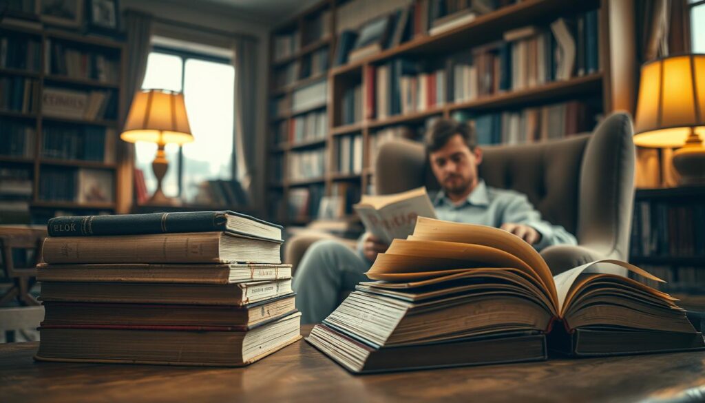 A serene and contemplative scene of a person immersed in the joy of reading, surrounded by the tangible symbols of knowledge and learning. In the foreground, a stack of well-worn books rests on a wooden table, their spines a tapestry of wisdom and experience. The reader, lost in thought, sits in a comfortable armchair, the warm glow of a lamp casting a soft light that illuminates the pages before them. In the background, a bookshelf stretches towards the ceiling, its shelves brimming with the collected works of great thinkers and visionaries. A window offers a glimpse of the outside world, a reminder that the pursuit of knowledge can expand one's understanding and broaden one's horizons. Prompt A serene and contemplative scene of a person immersed in the joy of reading, surrounded by the tangible symbols of knowledge and learning. In the foreground, a stack of well-worn books rests on a wooden table, their spines a tapestry of wisdom and experience. The reader, lost in thought, sits in a comfortable armchair, the warm glow of a lamp casting a soft light that illuminates the pages before them. In the background, a bookshelf stretches towards the ceiling, its shelves brimming with the collected works of great thinkers and visionaries. A window offers a glimpse of the outside world, a reminder that the pursuit of knowledge can expand one's understanding and broaden one's horizons. Prompt