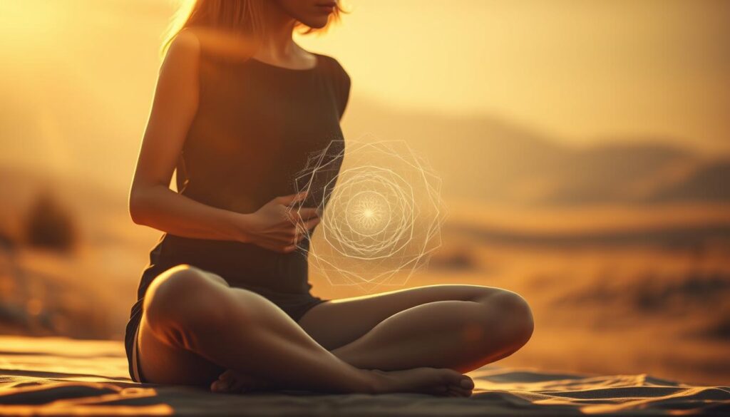 A serene, contemplative scene depicting the interplay between intuition and gut feeling. In the foreground, a person sits cross-legged, eyes closed, hand resting gently on their abdomen. A warm, golden light bathes the scene, creating a sense of inner reflection. The mid-ground features a swirling, ethereal pattern, symbolizing the subconscious connections between mind and body. In the background, a soft, blurred landscape recedes into the distance, suggesting the larger context within which this introspective moment unfolds. Shot on a Sony A7R IV with a 70mm lens, a polarized filter lends depth and clarity to the composition. A serene, contemplative scene depicting the interplay between intuition and gut feeling. In the foreground, a person sits cross-legged, eyes closed, hand resting gently on their abdomen. A warm, golden light bathes the scene, creating a sense of inner reflection. The mid-ground features a swirling, ethereal pattern, symbolizing the subconscious connections between mind and body. In the background, a soft, blurred landscape recedes into the distance, suggesting the larger context within which this introspective moment unfolds. Shot on a Sony A7R IV with a 70mm lens, a polarized filter lends depth and clarity to the composition.
