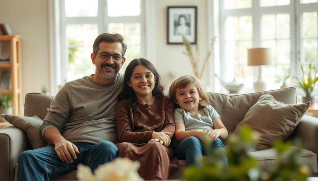 A serene household filled with warmth and understanding. In the foreground, a family of four - parents and two children - sitting together on a comfortable couch, their expressions radiating contentment and harmony. Soft, natural lighting filters through the large windows, casting a gentle glow over the scene. The middle ground reveals a well-organized living space, with tasteful decor and harmonious color tones that contribute to the overall sense of tranquility. In the background, a lush, verdant garden can be seen through the windows, adding a touch of natural beauty and balance to the composition. Shot on a Sony A7R IV with a 70mm lens, the image is sharply defined with a polarized filter, conveying a sense of clarity and serenity.