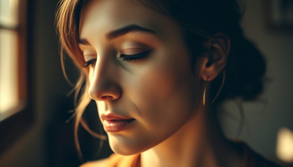 A serene, introspective portrait of a woman's face, her eyes closed in concentration, emanating a sense of deep inner knowledge and intuitive understanding. Warm, soft lighting from the left illuminates her features, casting gentle shadows that accentuate the contemplative mood. The background is blurred, creating a sense of focus and clarity on the subject's expression. Captured with a Sony A7R IV using a 70mm lens, a polarized filter enhances the depth and clarity of the image, making the subject's subtle facial details sharply defined. A serene, introspective portrait of a woman's face, her eyes closed in concentration, emanating a sense of deep inner knowledge and intuitive understanding. Warm, soft lighting from the left illuminates her features, casting gentle shadows that accentuate the contemplative mood. The background is blurred, creating a sense of focus and clarity on the subject's expression. Captured with a Sony A7R IV using a 70mm lens, a polarized filter enhances the depth and clarity of the image, making the subject's subtle facial details sharply defined.