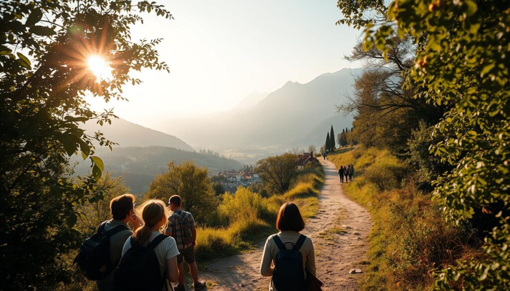 A serene landscape, a winding path leading into the distance, inviting the viewer to embark on a journey of cultural discovery. Sunlight filters through lush foliage, casting a warm, golden glow upon the scene. In the foreground, a group of travelers pause to take in the breathtaking vista, their expressions reflecting a sense of awe and wonder. The middle ground reveals a quaint village, its charming architecture nestled among rolling hills. In the background, towering mountains stand as silent sentinels, their majestic peaks hinting at the boundless possibilities that await beyond the horizon. Shot on a Sony A7R IV with a 70mm lens, this image captures the essence of "Reisen für kulturelle Entdeckungen und neue Perspektiven," inviting the viewer to step out of their comfort zone and embrace the transformative power of travel. A serene landscape, a winding path leading into the distance, inviting the viewer to embark on a journey of cultural discovery. Sunlight filters through lush foliage, casting a warm, golden glow upon the scene. In the foreground, a group of travelers pause to take in the breathtaking vista, their expressions reflecting a sense of awe and wonder. The middle ground reveals a quaint village, its charming architecture nestled among rolling hills. In the background, towering mountains stand as silent sentinels, their majestic peaks hinting at the boundless possibilities that await beyond the horizon. Shot on a Sony A7R IV with a 70mm lens, this image captures the essence of "Reisen für kulturelle Entdeckungen und neue Perspektiven," inviting the viewer to step out of their comfort zone and embrace the transformative power of travel.