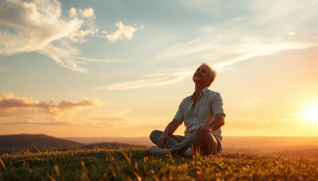 A serene landscape at golden hour, with a middle-aged person sitting cross-legged on a grassy hilltop, eyes closed in deep contemplation. Gentle sunlight filters through wispy clouds, casting a warm, tranquil glow over the scene. The figure's expression conveys a sense of emotional maturity and inner balance, symbolizing the development of compromise and emotional intelligence. In the background, a vista of rolling hills and a distant horizon, suggesting the expansive potential for personal growth. Shot on Sony A7R IV 70mm, clearly focused, sharply defined, polarized filter.