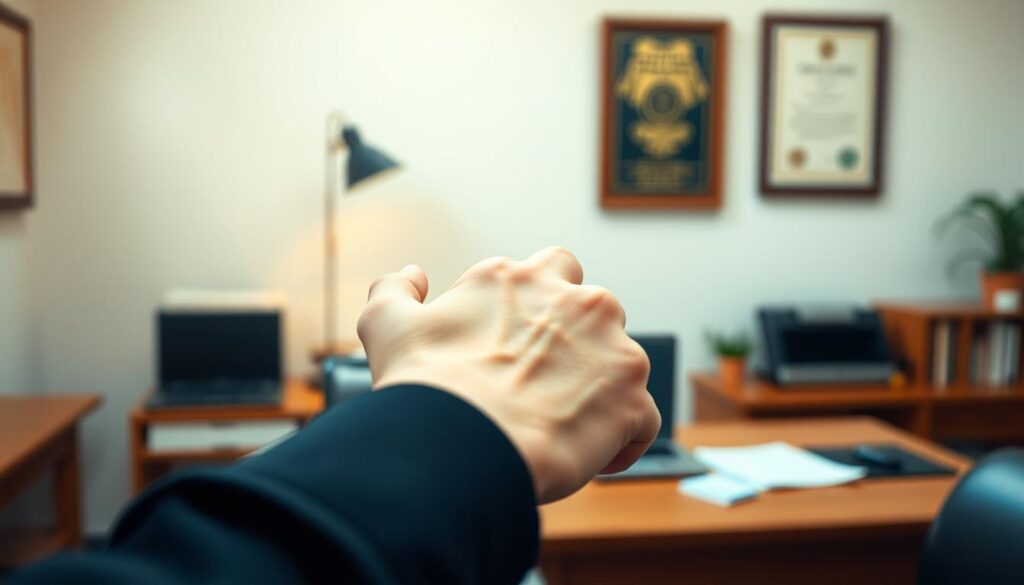 A serene office setting with a desk, laptop, and a framed certificate or diploma on the wall. The lighting is warm and natural, creating a focused and professional atmosphere. In the foreground, a person's hands are clasped, symbolizing the essence of compromise and negotiation. The background is slightly blurred, emphasizing the subject. The image conveys a sense of thoughtfulness, collaboration, and the ability to find common ground.