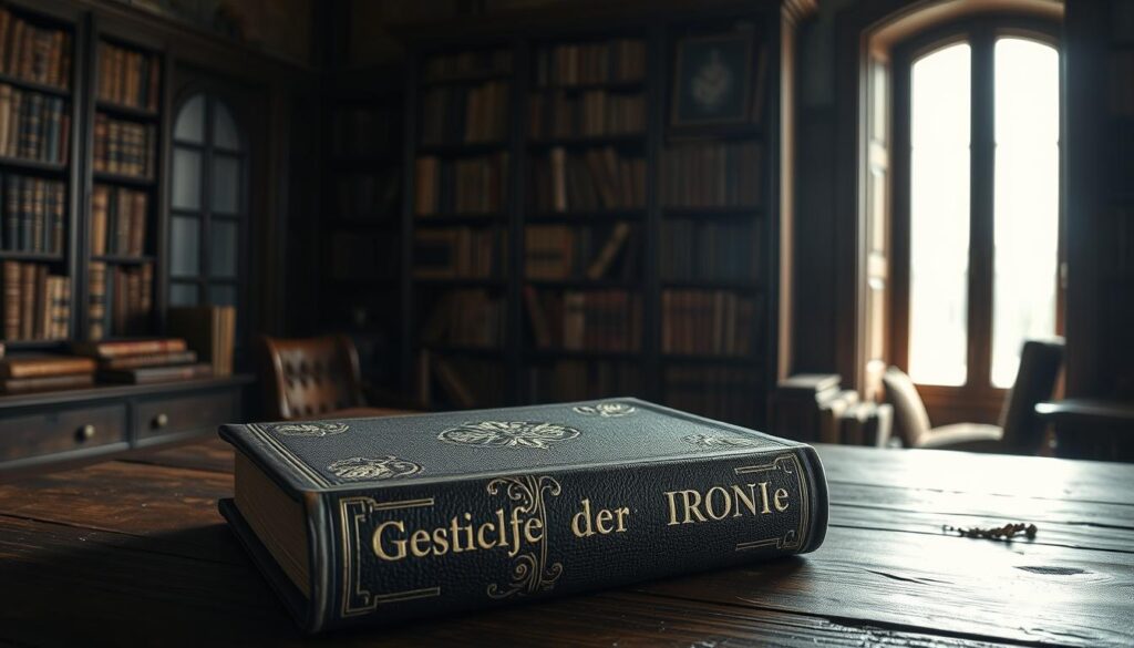 A somber academic tome, "Geschichte der Ironie", rests on a weathered wooden desk, illuminated by soft natural light filtering through a window. The book's leather-bound cover bears intricate embossed patterns, hinting at the depth and complexity within. In the background, a dimly lit study is filled with towering bookshelves, their shelves laden with ancient tomes, alluding to the rich history and intellectual tradition surrounding the subject of irony. The scene is captured with a Sony A7R IV camera, 70mm lens, and a polarized filter, creating a sense of reverence and scholarly contemplation. A somber academic tome, "Geschichte der Ironie", rests on a weathered wooden desk, illuminated by soft natural light filtering through a window. The book's leather-bound cover bears intricate embossed patterns, hinting at the depth and complexity within. In the background, a dimly lit study is filled with towering bookshelves, their shelves laden with ancient tomes, alluding to the rich history and intellectual tradition surrounding the subject of irony. The scene is captured with a Sony A7R IV camera, 70mm lens, and a polarized filter, creating a sense of reverence and scholarly contemplation.