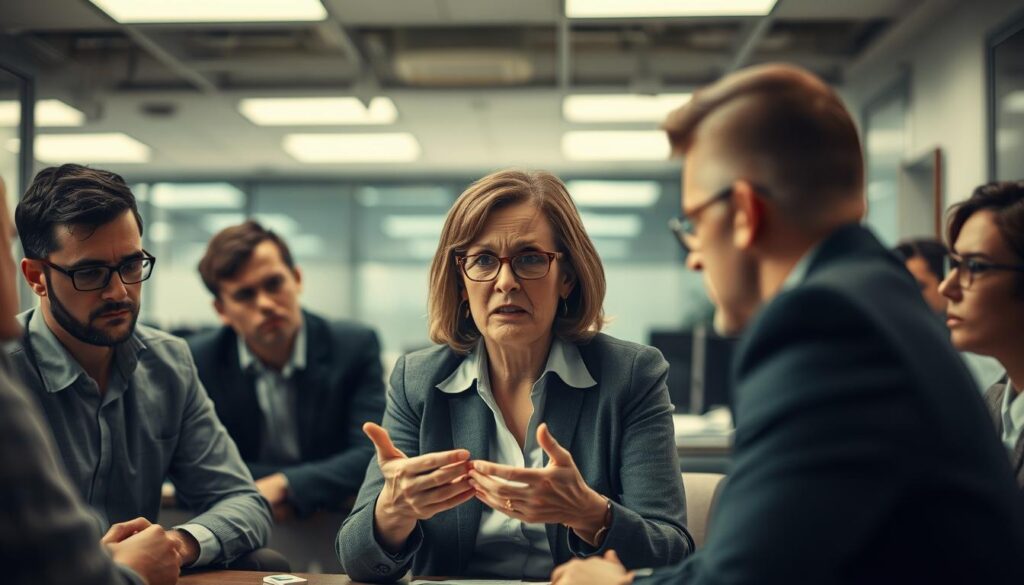 A team meeting in a tense, strained atmosphere. Disgruntled coworkers voice constant complaints, their body language and facial expressions conveying frustration and discord. The overhead lighting casts harsh shadows, heightening the sense of unease. A polarized filter subtly mutes the color palette, lending a somber, muted tone. The focal point is a middle-aged woman, her brow furrowed, gesticulating animatedly as she voices her grievances to her distracted, disengaged colleagues. In the background, a generic office setting, with generic office furniture and decor, serves to emphasize the interpersonal dynamics at play. A team meeting in a tense, strained atmosphere. Disgruntled coworkers voice constant complaints, their body language and facial expressions conveying frustration and discord. The overhead lighting casts harsh shadows, heightening the sense of unease. A polarized filter subtly mutes the color palette, lending a somber, muted tone. The focal point is a middle-aged woman, her brow furrowed, gesticulating animatedly as she voices her grievances to her distracted, disengaged colleagues. In the background, a generic office setting, with generic office furniture and decor, serves to emphasize the interpersonal dynamics at play.