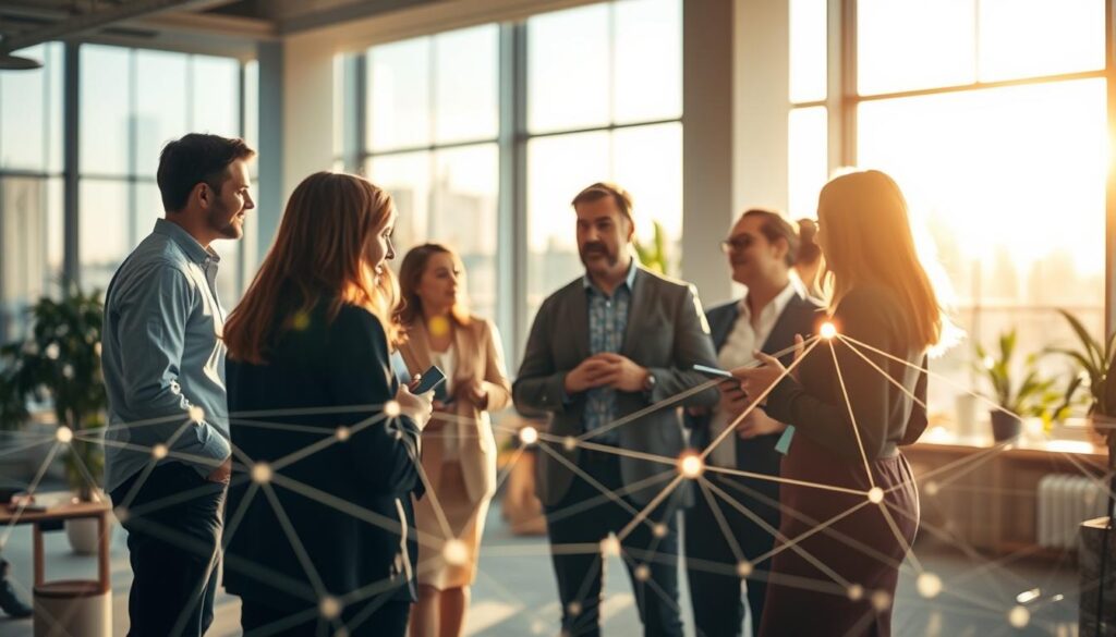 A team of professionals collaborating in a bright, airy office space, their complementary goals represented by interconnected lines and shapes in the foreground. Sunlight streams through large windows, creating a sense of warmth and productivity. The middle ground features team members engaged in animated discussion, their body language suggesting open communication and shared purpose. In the background, a visualization of aligned objectives and shared vision, represented by a dynamic network of intersecting pathways. Sony A7R IV 70mm, clearly focused, sharply defined, polarized filter. A team of professionals collaborating in a bright, airy office space, their complementary goals represented by interconnected lines and shapes in the foreground. Sunlight streams through large windows, creating a sense of warmth and productivity. The middle ground features team members engaged in animated discussion, their body language suggesting open communication and shared purpose. In the background, a visualization of aligned objectives and shared vision, represented by a dynamic network of intersecting pathways. Sony A7R IV 70mm, clearly focused, sharply defined, polarized filter.