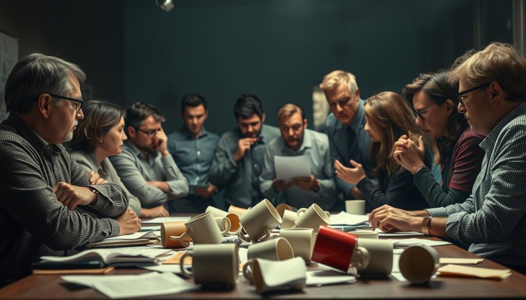 A tense, agitated team dynamic with members in conflict. In the foreground, a group of perturbed employees engaged in a heated discussion, their body language and facial expressions conveying frustration. In the middle ground, a desk cluttered with scattered papers and overturned coffee mugs, symbolizing the disruption. The background is dimly lit, casting an ominous, unsettled mood. The shot is taken on a Sony A7R IV with a 70mm lens, using a polarized filter to capture the scene with sharp clarity and definition. A tense, agitated team dynamic with members in conflict. In the foreground, a group of perturbed employees engaged in a heated discussion, their body language and facial expressions conveying frustration. In the middle ground, a desk cluttered with scattered papers and overturned coffee mugs, symbolizing the disruption. The background is dimly lit, casting an ominous, unsettled mood. The shot is taken on a Sony A7R IV with a 70mm lens, using a polarized filter to capture the scene with sharp clarity and definition.