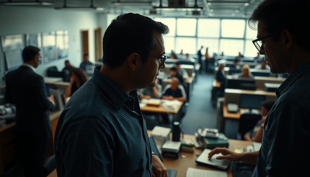A tense, bustling office scene. In the foreground, two colleagues locked in a heated discussion, their body language and expressions conveying communication breakdown. The middle ground features a team gathered around a conference table, some with concerned looks, others distracted. In the background, a maze of desks and cubicles, with a sense of unease and disorganization permeating the space. Soft, diffused lighting casts dramatic shadows, creating an atmosphere of unresolved tension. Shot on a Sony A7R IV with a 70mm lens, using a polarized filter for crisp, defined details. A tense, bustling office scene. In the foreground, two colleagues locked in a heated discussion, their body language and expressions conveying communication breakdown. The middle ground features a team gathered around a conference table, some with concerned looks, others distracted. In the background, a maze of desks and cubicles, with a sense of unease and disorganization permeating the space. Soft, diffused lighting casts dramatic shadows, creating an atmosphere of unresolved tension. Shot on a Sony A7R IV with a 70mm lens, using a polarized filter for crisp, defined details.