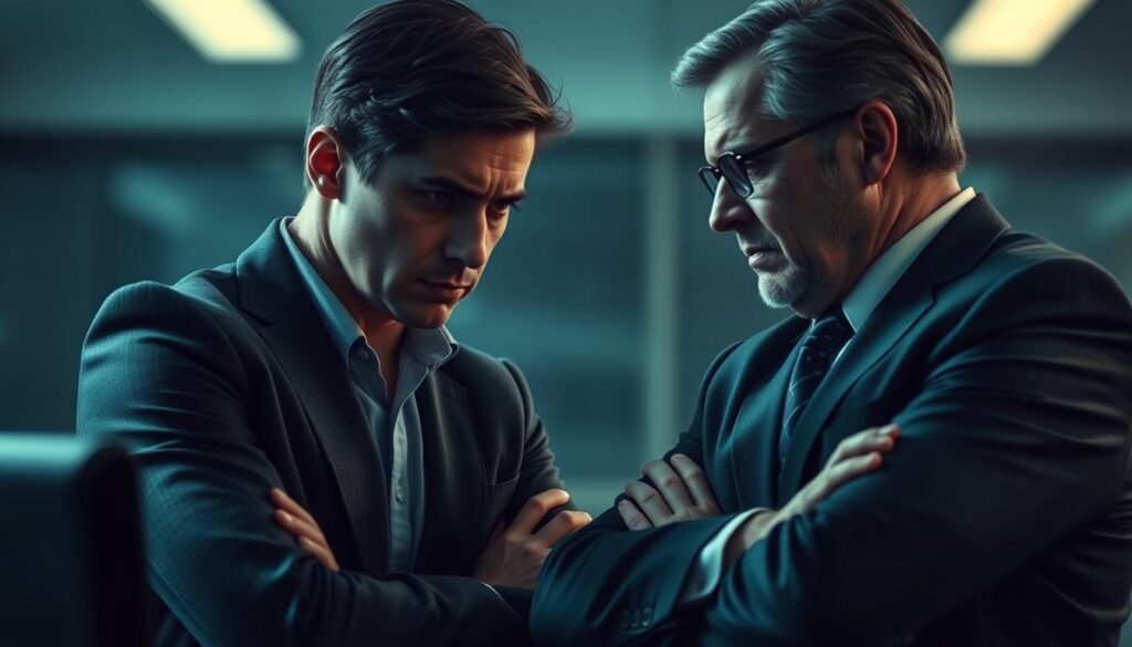 A tense confrontation between a concerned employee and an authoritative manager, their faces locked in a battle of wills. The employee's expression reflects deep unease, brows furrowed, while the manager's stance is rigid, arms crossed defensively. The scene is bathed in cool, polarized lighting, creating a sense of professional distance and unresolved conflict. Meticulously detailed, this image captures the critical moment when tensions rise, hinting at the need for open communication and mutual understanding to resolve the workplace discord. A tense confrontation between a concerned employee and an authoritative manager, their faces locked in a battle of wills. The employee's expression reflects deep unease, brows furrowed, while the manager's stance is rigid, arms crossed defensively. The scene is bathed in cool, polarized lighting, creating a sense of professional distance and unresolved conflict. Meticulously detailed, this image captures the critical moment when tensions rise, hinting at the need for open communication and mutual understanding to resolve the workplace discord.