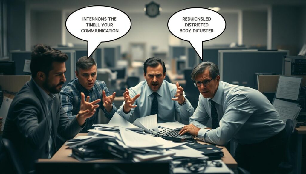 A tense, disjointed workplace scene, shot on a Sony A7R IV with a 70mm lens and polarized filter. The foreground shows a group of frazzled office workers, faces strained, gesturing emphatically amid a chaotic jumble of papers and electronics. The middle ground reveals fragmented communication, with garbled speech bubbles and distorted body language. The background blurs into a haze of deadened cubicles, underscoring the negative impact of poor communication skills on productivity and morale. Somber lighting casts an oppressive atmosphere, the polarized filter heightening the sense of disconnect and disharmony. A tense, disjointed workplace scene, shot on a Sony A7R IV with a 70mm lens and polarized filter. The foreground shows a group of frazzled office workers, faces strained, gesturing emphatically amid a chaotic jumble of papers and electronics. The middle ground reveals fragmented communication, with garbled speech bubbles and distorted body language. The background blurs into a haze of deadened cubicles, underscoring the negative impact of poor communication skills on productivity and morale. Somber lighting casts an oppressive atmosphere, the polarized filter heightening the sense of disconnect and disharmony.