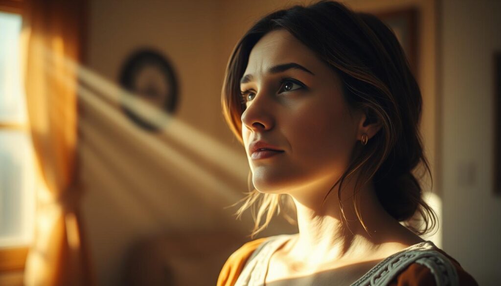 A thoughtful woman stands in a sunlit room, her face reflecting deep contemplation. Rays of light gently illuminate her features, casting a warm, pensive atmosphere. She gazes inwardly, her expression signifying a journey of self-discovery, as she endeavors to uncover her innate skills and talents. The scene is captured with a Sony A7R IV 70mm lens, the image sharply defined and polarized, inviting the viewer to join her in this introspective moment.