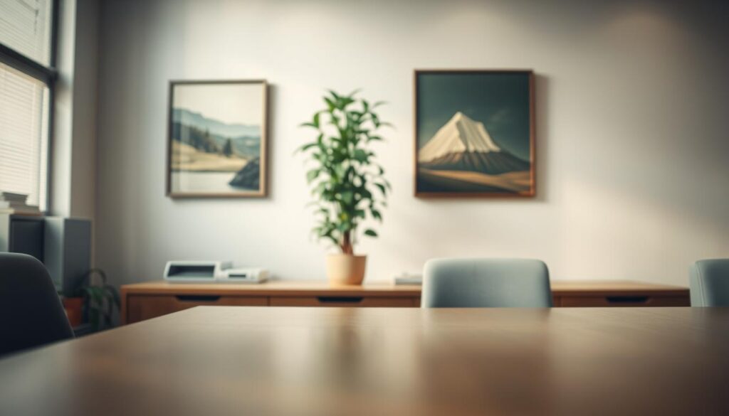 A tranquil office setting, with a desk positioned in the foreground, its surface clear and uncluttered, symbolizing a peaceful, focused environment. In the middle ground, a tall, potted plant stands as a calming presence, its lush greenery a visual metaphor for the growth that can come from conflict resolution. The background features a wall adorned with soothing artwork, hinting at the importance of maintaining a harmonious atmosphere. The lighting is soft and diffused, creating a serene ambiance, while the use of a polarized filter lends a sense of clarity and depth to the scene. This image captures the essence of "Konfliktvermeidung" - a workplace where potential conflicts are preemptively addressed, leading to a productive and collaborative work culture. A tranquil office setting, with a desk positioned in the foreground, its surface clear and uncluttered, symbolizing a peaceful, focused environment. In the middle ground, a tall, potted plant stands as a calming presence, its lush greenery a visual metaphor for the growth that can come from conflict resolution. The background features a wall adorned with soothing artwork, hinting at the importance of maintaining a harmonious atmosphere. The lighting is soft and diffused, creating a serene ambiance, while the use of a polarized filter lends a sense of clarity and depth to the scene. This image captures the essence of "Konfliktvermeidung" - a workplace where potential conflicts are preemptively addressed, leading to a productive and collaborative work culture.