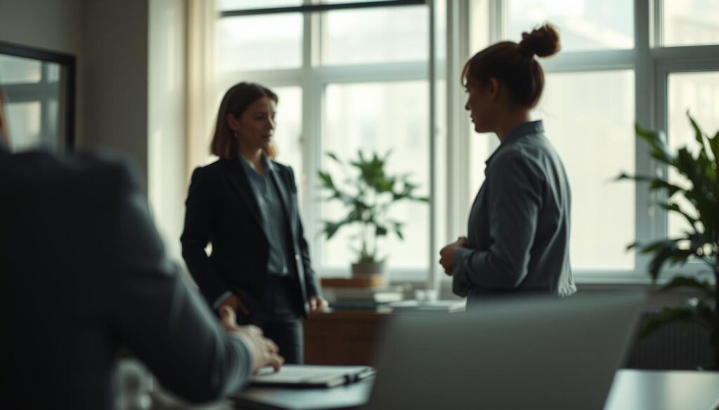 A tranquil office setting, with two colleagues engaged in a tense conversation. Soft light filters through the windows, casting a somber mood. In the foreground, their body language conveys unease and discomfort, while the background remains blurred, emphasizing the personal nature of the conflict. The scene is captured with a Sony A7R IV, a 70mm lens, and a polarized filter, resulting in a sharply defined and focused image that invites the viewer to observe the delicate dynamics at play. A tranquil office setting, with two colleagues engaged in a tense conversation. Soft light filters through the windows, casting a somber mood. In the foreground, their body language conveys unease and discomfort, while the background remains blurred, emphasizing the personal nature of the conflict. The scene is captured with a Sony A7R IV, a 70mm lens, and a polarized filter, resulting in a sharply defined and focused image that invites the viewer to observe the delicate dynamics at play.