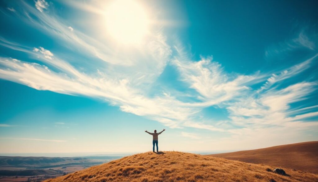 A vast, sunlit landscape stretches out before the viewer, a boundless horizon that beckons to be explored. In the foreground, a lone figure stands atop a rolling hill, arms outstretched, gazing out at the boundless expanse. The sky is a vibrant, azure blue, dotted with wispy, cloud-like formations that cast gentle shadows across the earth below. The scene is captured with a crisp, polarized clarity, the 70mm lens on a Sony A7R IV camera rendering every detail with razor-sharp precision. The lighting is natural and evocative, casting a warm, golden glow that bathes the entire scene in a sense of tranquility and wonder. This image conveys a powerful message of expansion, of breaking free from the constraints of the familiar and embracing the limitless possibilities that lie beyond the horizon. It is a powerful visual representation of the concept of "Horizonte erweitern," inviting the viewer to contemplate their own journey of growth and discovery. Prompt A vast, sunlit landscape stretches out before the viewer, a boundless horizon that beckons to be explored. In the foreground, a lone figure stands atop a rolling hill, arms outstretched, gazing out at the boundless expanse. The sky is a vibrant, azure blue, dotted with wispy, cloud-like formations that cast gentle shadows across the earth below. The scene is captured with a crisp, polarized clarity, the 70mm lens on a Sony A7R IV camera rendering every detail with razor-sharp precision. The lighting is natural and evocative, casting a warm, golden glow that bathes the entire scene in a sense of tranquility and wonder. This image conveys a powerful message of expansion, of breaking free from the constraints of the familiar and embracing the limitless possibilities that lie beyond the horizon. It is a powerful visual representation of the concept of "Horizonte erweitern," inviting the viewer to contemplate their own journey of growth and discovery. Prompt