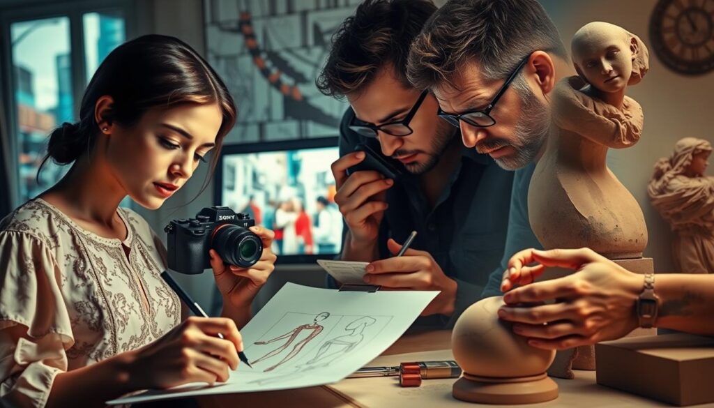 A vibrant collage of creative professions, showcasing the diversity of artistic talents. In the foreground, a fashion designer sketches intricate garment designs, their hands moving with graceful precision. Beside them, a photographer peers through the lens of a Sony A7R IV, capturing the essence of a bustling urban scene with a 70mm focal length and polarized filter. In the middle ground, a graphic designer manipulates digital illustrations, their screen illuminating their focused expression. In the background, a sculptor shapes clay into an abstract form, their work-worn hands sculpting with masterful skill. Soft, directional lighting illuminates the scene, creating a sense of depth and drama. This image encapsulates the boundless creativity and passion that define the world of "Kreative Berufe". A vibrant collage of creative professions, showcasing the diversity of artistic talents. In the foreground, a fashion designer sketches intricate garment designs, their hands moving with graceful precision. Beside them, a photographer peers through the lens of a Sony A7R IV, capturing the essence of a bustling urban scene with a 70mm focal length and polarized filter. In the middle ground, a graphic designer manipulates digital illustrations, their screen illuminating their focused expression. In the background, a sculptor shapes clay into an abstract form, their work-worn hands sculpting with masterful skill. Soft, directional lighting illuminates the scene, creating a sense of depth and drama. This image encapsulates the boundless creativity and passion that define the world of "Kreative Berufe".